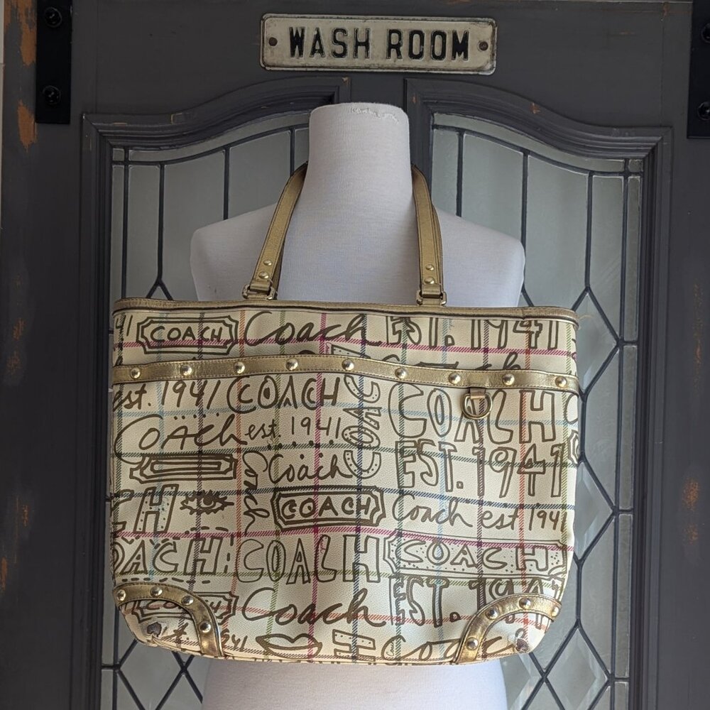 Coach Purse Heritage Tattersall Graffiti F13187 Tote HandBag Shouderbag Carryall
